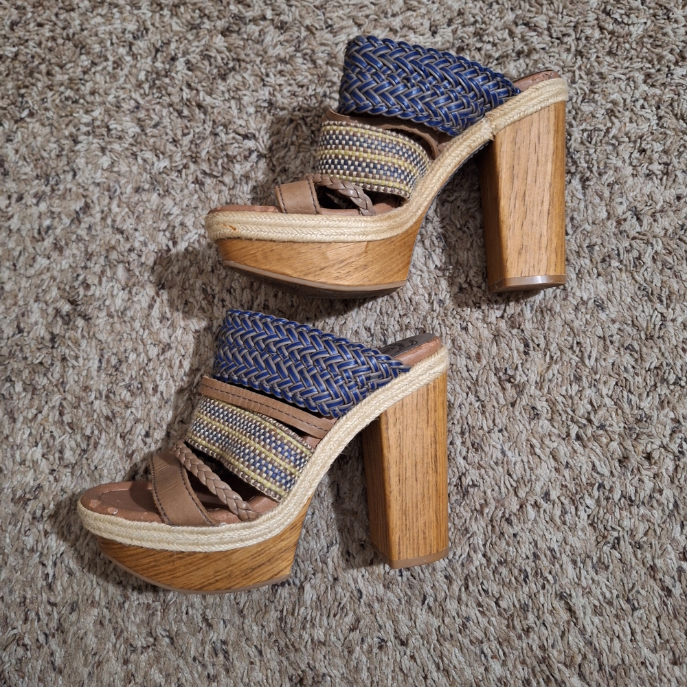 Lucky Brand Mika Woven Wooden Leather Boho Retro Heeled Sandals